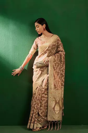 Cream Color Weaving Work Faux Banarasi Silk Saree With Blouse