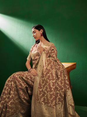 Cream Color Weaving Work Faux Banarasi Silk Saree With Blouse 4