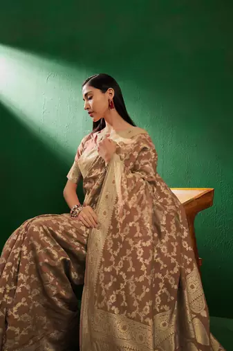 Cream Color Weaving Work Faux Banarasi Silk Saree With Blouse
