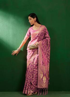 Baby Pink Color Weaving Work Faux Banarasi Silk Saree With Blouse 1
