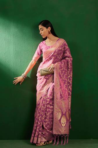 Baby Pink Color Weaving Work Faux Banarasi Silk Saree With Blouse