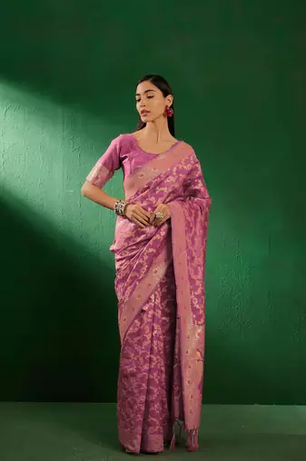 Baby Pink Color Weaving Work Faux Banarasi Silk Saree With Blouse