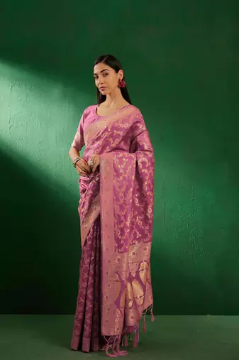 Baby Pink Color Weaving Work Faux Banarasi Silk Saree With Blouse