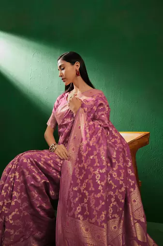 Baby Pink Color Weaving Work Faux Banarasi Silk Saree With Blouse