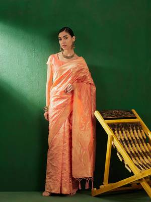 Light Peach Color Weaving Work Faux Banarasi Silk Saree With Blouse 1