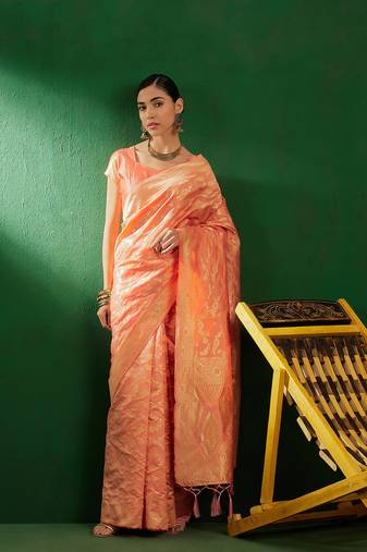Light Peach Color Weaving Work Faux Banarasi Silk Saree With Blouse