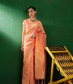Light Peach Color Weaving Work Faux Banarasi Silk Saree With Blouse
