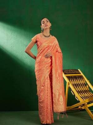 Light Peach Color Weaving Work Faux Banarasi Silk Saree With Blouse 2