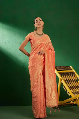 Light Peach Color Weaving Work Faux Banarasi Silk Saree With Blouse