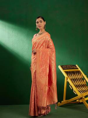 Light Peach Color Weaving Work Faux Banarasi Silk Saree With Blouse 3