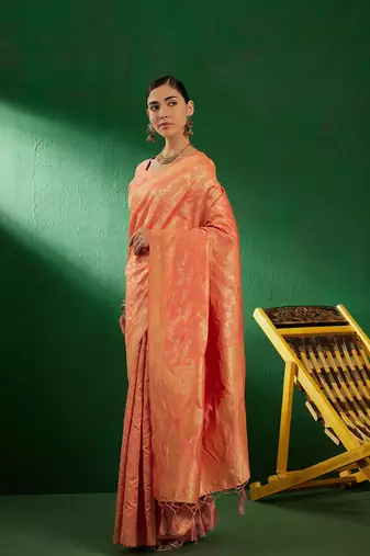 Light Peach Color Weaving Work Faux Banarasi Silk Saree With Blouse