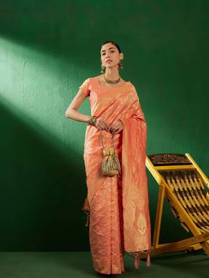 Light Peach Color Weaving Work Faux Banarasi Silk Saree With Blouse 4