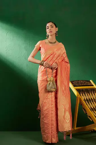 Light Peach Color Weaving Work Faux Banarasi Silk Saree With Blouse