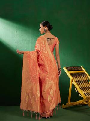 Light Peach Color Weaving Work Faux Banarasi Silk Saree With Blouse 5