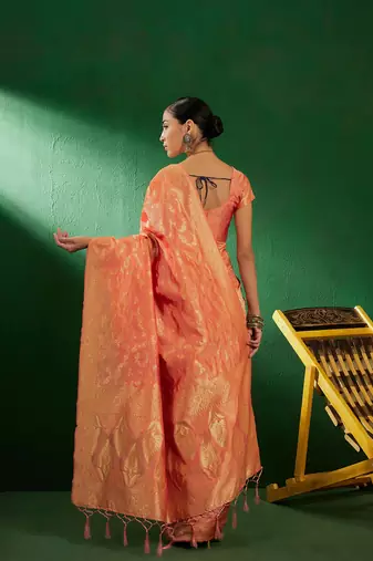 Light Peach Color Weaving Work Faux Banarasi Silk Saree With Blouse