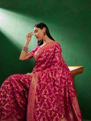 Gajri Color Weaving Work Faux Banarasi Silk Saree With Blouse 1