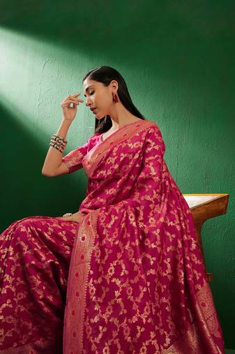 Gajri Color Weaving Work Faux Banarasi Silk Saree With Blouse
