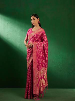 Gajri Color Weaving Work Faux Banarasi Silk Saree With Blouse 2