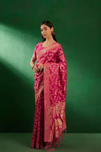 Gajri Color Weaving Work Faux Banarasi Silk Saree With Blouse