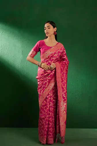 Gajri Color Weaving Work Faux Banarasi Silk Saree With Blouse