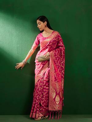Gajri Color Weaving Work Faux Banarasi Silk Saree With Blouse 4