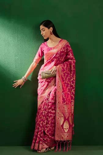 Gajri Color Weaving Work Faux Banarasi Silk Saree With Blouse