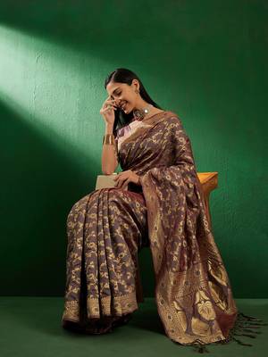 Grey Color Weaving Work Faux Banarasi Silk Saree With Blouse 1