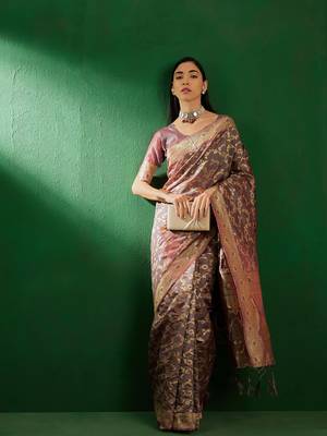 Grey Color Weaving Work Faux Banarasi Silk Saree With Blouse 2