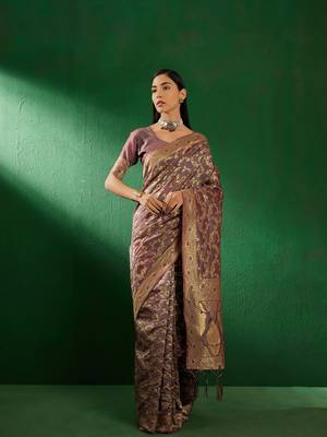 Grey Color Weaving Work Faux Banarasi Silk Saree With Blouse 3