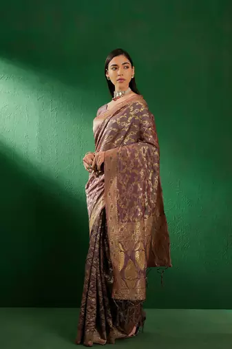 Grey Color Weaving Work Faux Banarasi Silk Saree With Blouse