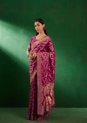Burgundy Color Weaving Work Faux Banarasi Silk Saree With Blouse 1