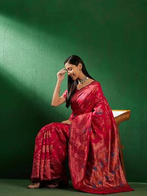 Pink Color Weaving Work Faux Banarasi Silk Saree With Blouse 1