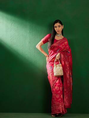 Pink Color Weaving Work Faux Banarasi Silk Saree With Blouse 2