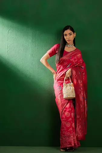 Pink Color Weaving Work Faux Banarasi Silk Saree With Blouse