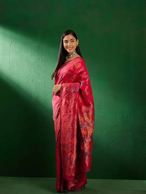 Pink Color Weaving Work Faux Banarasi Silk Saree With Blouse 3