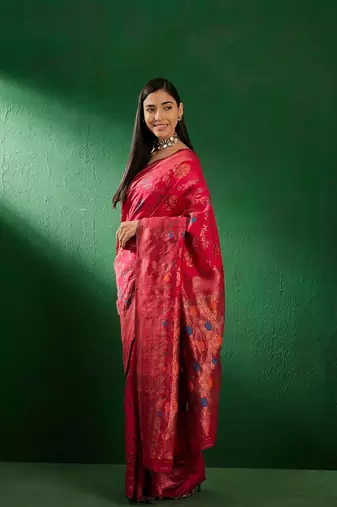 Pink Color Weaving Work Faux Banarasi Silk Saree With Blouse