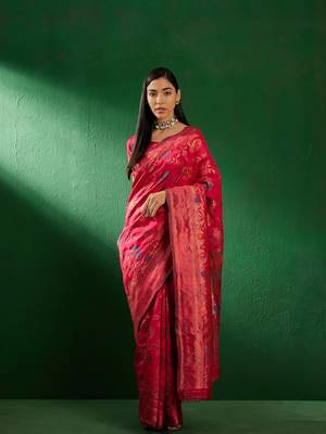 Pink Color Weaving Work Faux Banarasi Silk Saree With Blouse 4