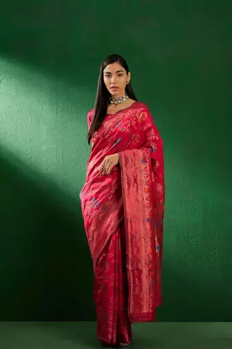 Pink Color Weaving Work Faux Banarasi Silk Saree With Blouse