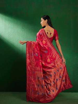 Pink Color Weaving Work Faux Banarasi Silk Saree With Blouse 5