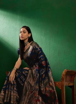 Navy Blue Color Weaving Work Faux Banarasi Silk Saree With Blouse 1