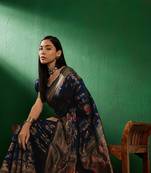 Navy Blue Color Weaving Work Faux Banarasi Silk Saree With Blouse