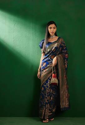 Navy Blue Color Weaving Work Faux Banarasi Silk Saree With Blouse 2
