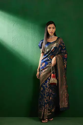 Navy Blue Color Weaving Work Faux Banarasi Silk Saree With Blouse
