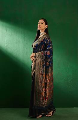 Navy Blue Color Weaving Work Faux Banarasi Silk Saree With Blouse 3