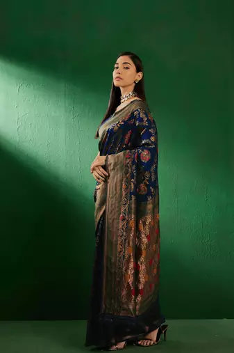 Navy Blue Color Weaving Work Faux Banarasi Silk Saree With Blouse