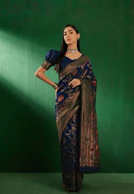 Navy Blue Color Weaving Work Faux Banarasi Silk Saree With Blouse 4