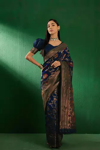 Navy Blue Color Weaving Work Faux Banarasi Silk Saree With Blouse