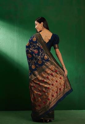 Navy Blue Color Weaving Work Faux Banarasi Silk Saree With Blouse 5
