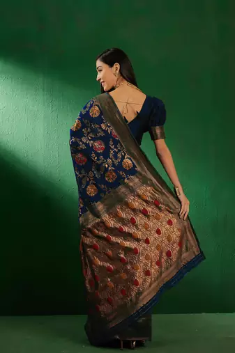 Navy Blue Color Weaving Work Faux Banarasi Silk Saree With Blouse