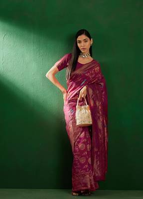 Burgundy Color Weaving Work Faux Banarasi Silk Saree With Blouse 1